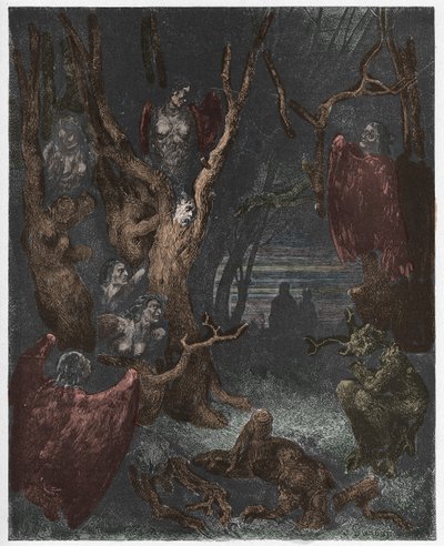 Inferno，Canto 13：自杀森林中的Harpies，来自Dante Alighieri的The Divine Comedy的插图，1885年（数字彩色雕刻） 作者 古斯塔夫之后多尔
