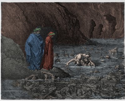 Inferno，Canto 32：Ugolino（Gherardesca的Ugolin）啃大主教Ruggieri（Ruggeri Ubaldini）的头像，来自The Danine Comedy by Dante Alighieri的插图，1885年（数字彩色和 作者 Gustave after Dore