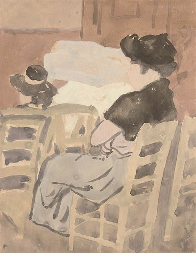 教堂内部的一名妇女和一名少女（纸面水彩画） 作者 格温·约翰