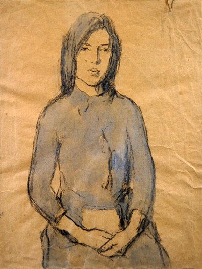 女孩，双手放在膝盖上（纸上铅笔和水彩）。 作者 格温·约翰
