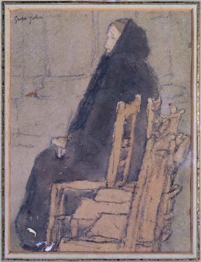 披黑色披肩的老妇人（米色纸上的水彩、体彩和黑色蜡笔画） 作者 格温·约翰
