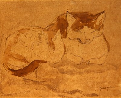 睡猫（纸上铅笔和水彩画） 作者 格温·约翰