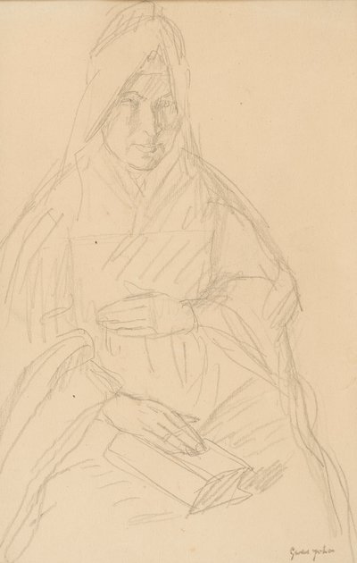 研究Pre Poussepin坐在一张桌子上，c.1915 作者 格温·约翰