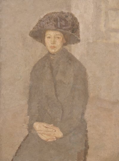 年轻女子戴着一顶大帽子，c.1917-25（布面油画放在船上） 作者 Gwen John