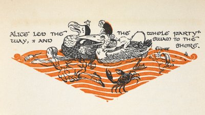爱丽丝和动物们在 "泪池 "中游泳的插图。动物包括渡渡鸟、老鼠、猴子、鱼、螃蟹、松鼠和鸭子。 作者 格温妮德·哈德森（Gwynedd M.Hudson）