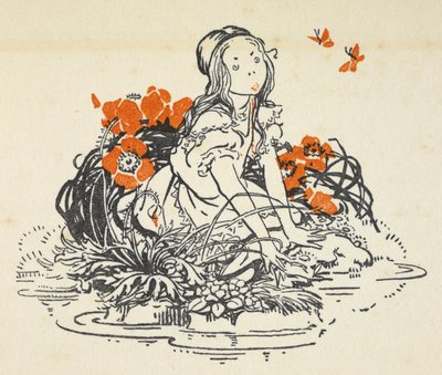 爱丽丝在被罂粟和蝴蝶包围的水池旁边的插图 作者 格温妮德·哈德森（Gwynedd M.Hudson）