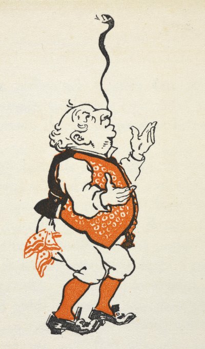 插图中，一位衣着光鲜的男子在鼻子上平衡着一条蛇。 作者 格温妮德·哈德森（Gwynedd M.Hudson）