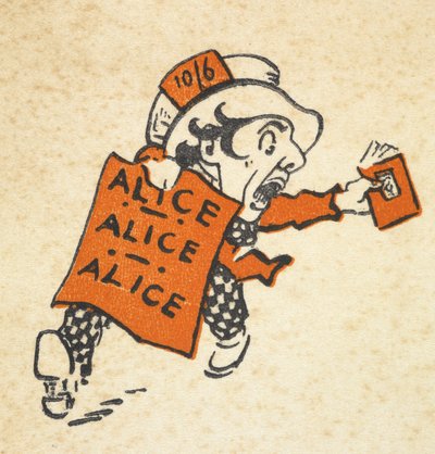 疯帽子拿着一本书和写着 "Alice Alice Alice "的牌子一路狂奔的插图 作者 格温妮德·哈德森（Gwynedd M.Hudson）