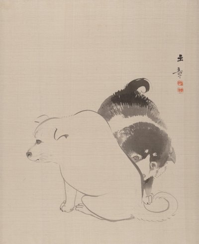 一对小狗，1868年。 作者 川端玉章