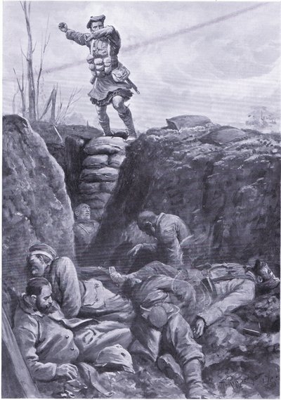 二等兵布朗（戈登高地人）从街垒的顶部对德军战壕中的敌人进行轰炸。(石印) 作者 里珀格