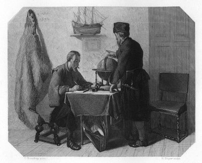 威廉·巴伦特（Willem Barents）和雅各布·范·海姆斯克（Jacob van Heemskerk）绘制路线图，摄于1596年1870年 作者 H·斯莱特