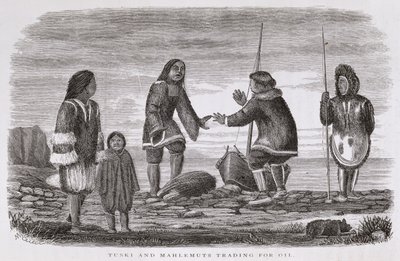 来自&39;Alaska及其资源&39;的Tuski和Mahlemuts Trading for Oil，由William H. Dall撰写，由John Andrew，酒吧雕刻。 1870 作者 硬件，艾略特