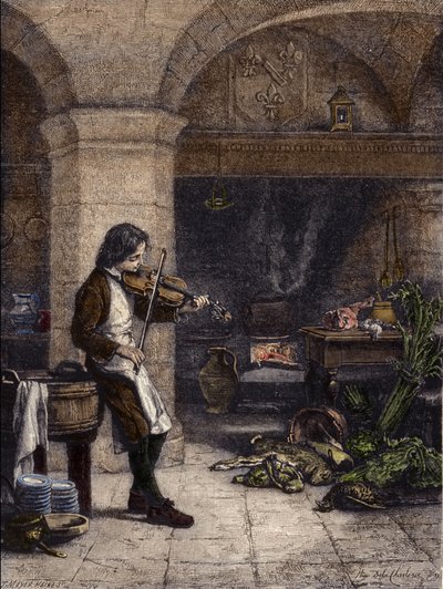 让-巴蒂斯特-卢利（Giovanni Battista Lulli）（1632-1687），法国作曲家，然后是蒙彭西埃小姐的 "galopin "或marmiton。T.Meyer-Heine（梅耶-海涅）根据Hippolyte de La Charlerie（1827-1867）的画作绘制的版画。 作者 H. de la（之后）Charlerie