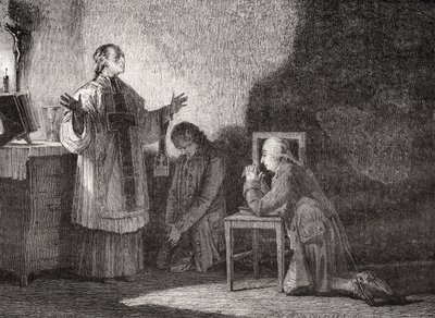 路易十六（1754-93）在执行前祷告 作者 夏勒（H. de la Charlerie）