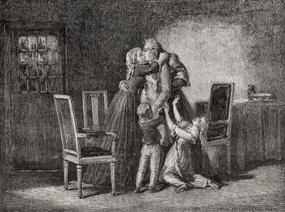 皇家全家最后的告别，1793年1月20日，由Carbonneau雕刻，来自Louis Blanc的“Histoire de la Revolution Francaise”（1811-82） 作者 夏勒（H. de la Charlerie）
