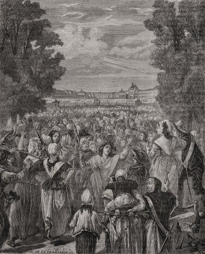 妇女在1789年10月5日至6日在凡尔赛宫进行游行，由Pannemaker-Ligny雕刻，来自Louis Blanc的“Histoire de la Revolution Francaise”（1811-82） 作者 夏勒（H. de la Charlerie）