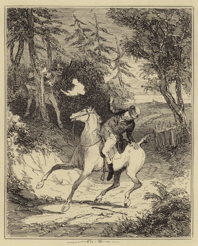 The Luddites shooting Mr Horsfall (engraving) 作者 Hablot Knight (1815-92) (after) Browne