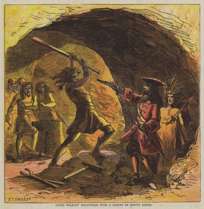 彼得-威尔金斯与阿尔科伊山当地人的遭遇（彩色平版印刷）。 作者 继 Hablot Knight Browne 之后