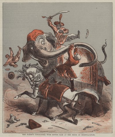 男爵在围攻 Seringapatam 时与 Tippoo Saib 相遇（彩色石版画） 作者 继 Hablot Knight Browne 之后