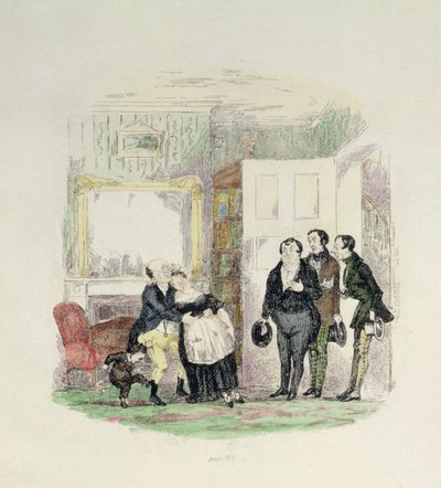 Pickwick先生被他的朋友和Bardell夫人抱在怀里，查尔斯·狄更斯（1812-70）1837年的“Pickwick Papers”（彩色版画） 作者 Hablot骑士布朗