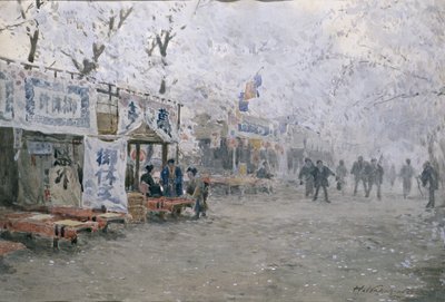 樱花节，约 1903 年（米白纸上的水彩画） 作者 哈希尔中川