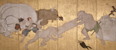 七福神》（纸本水墨、彩色和金箔，六折屏风） 作者 花房伊藤