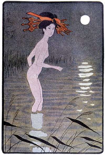 Young Japanese bathing in a pond in the moonlight - in “” Japanese doll”” by Félicien Champsaur, ill. Hanafusa Itcho, Paris 作者 花房伊藤