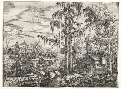 河畔小镇和树间小屋的风景画 作者 汉斯劳滕萨克