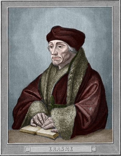 鹿特丹的伊拉斯谟（Didier Erasme）（1469 - 1536）的肖像，荷兰人文主义者。根据Holbein Hans the Young（1497-1543）的原作雕刻的。1859年在 "欧洲画廊-意大利 "中的雕刻，由Armengaud创作。私人收藏。 作者 汉斯（后）小霍尔拜因