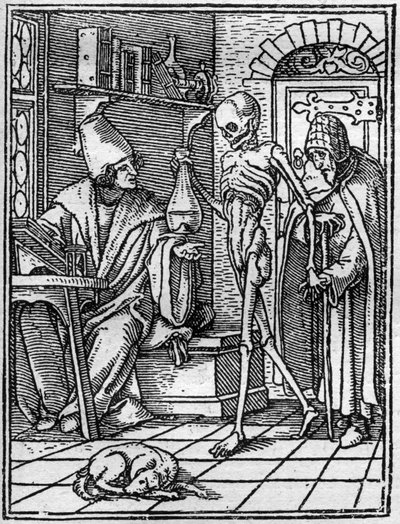 小汉斯-霍尔拜因（1497-1543）的死亡模拟画：医生。死亡出现在医生和他的病人之间。雕刻。 作者 汉斯（后）小霍尔拜因
