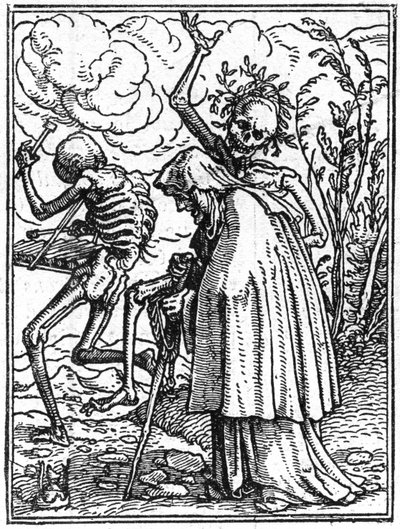 小汉斯-霍尔拜因（1497-1543）的死亡模拟画：老。死亡伴随着一位老太太走向她的命运。雕刻。 作者 汉斯（后）小霍尔拜因