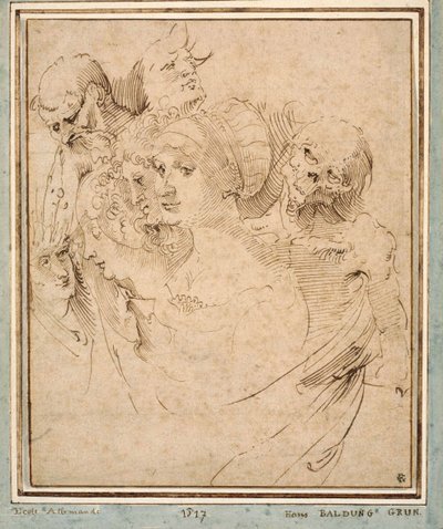 ""La mort representee avec sept tetes"" (The death between seven heads) Dessin de Hans Baldung (Baldung Grien)(1484-1545) vers 1515 Collection privee 作者 汉斯·巴尔登·格里恩