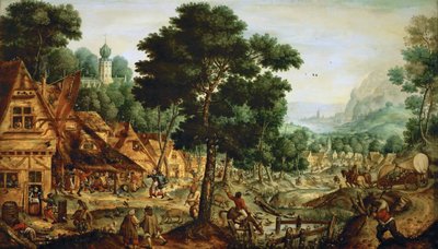 弗拉芒村 - 佛兰芒乡村生活 - Hans Bol (1534-1593)。 木头油彩，约 1562 年。尺寸：49,5x83,8 厘米。 维也纳艺术史博物馆 作者 汉斯·波尔