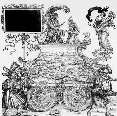 马克西米利安的凯旋游行场景，约1516-18（木刻）（黑白照片）。 作者 汉斯·伯格克米尔