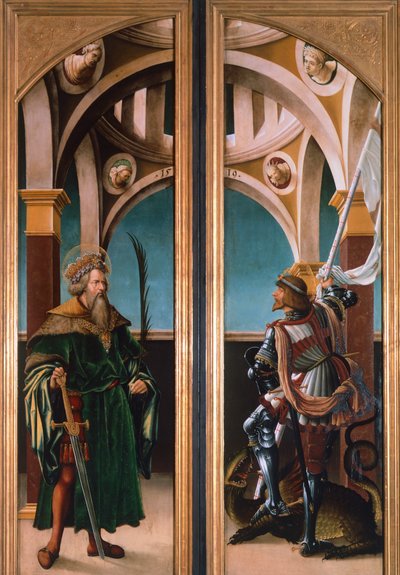 圣西吉斯蒙德和圣乔治，耶稣受难像三联画门上的细节 作者 汉斯·伯格克米尔