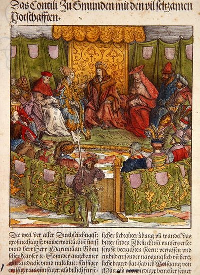 格蒙登议会与重要的外国访客，来自《Der Weisskunig》，约1515年（手绘木刻）。 作者 汉斯·伯格克米尔