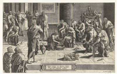 基督为门徒洗脚
Omnium Dominus ad servorum suroum pedes lavandos se in genua prosternit o singularis humilitatis exemplum（物上标题） 作者 兰伯特·隆巴德