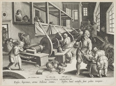 Politura Armorum（抛光武器），来自Nova Reperta（现代发现）系列的第17号板块（雕刻在纸上） 作者 Hans Collaert