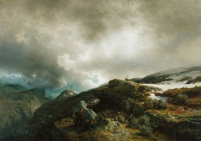 有驯鹿猎人的高山风景（绘画） 作者 汉斯古德