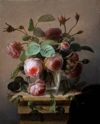 玻璃花瓶中的粉色玫瑰静物。汉斯-赫尔曼（1813-1890 年）的画作，私人收藏。 作者 汉斯·赫尔曼