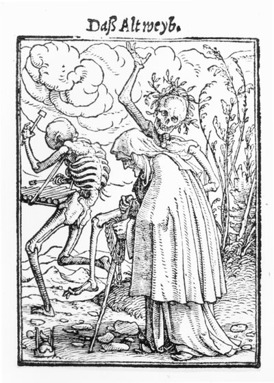死亡和老妇人，来自&39;死亡的舞蹈&39;，由Hans Lutzelburger雕刻，1538年（木刻）（bw照片） 作者 小汉斯·霍尔拜因