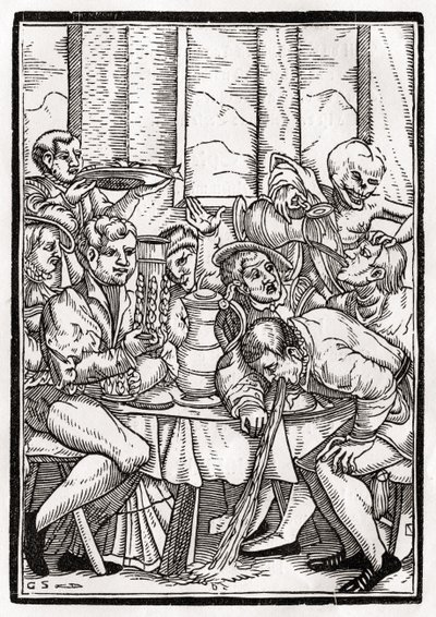 1843年巴塞尔出版的“Der Todten Tanz”中，由Georg Scharffenberg雕刻的醉汉来到死神。 作者 小汉斯·霍尔拜因