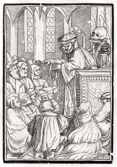 1843年巴塞尔出版的“Der Todten Tanz”中由Georg Scharffenberg雕刻的传教士死亡 作者 小汉斯·霍尔拜因