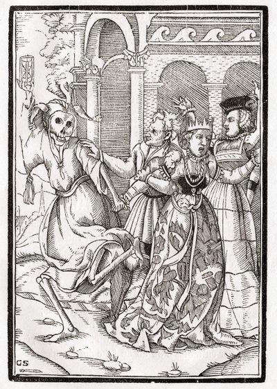 女王死亡，由乔治·沙芬伯格（Georg Scharffenberg）雕刻而成，来自1843年巴塞尔出版的“Der Todten Tanz” 作者 小汉斯·霍尔拜因
