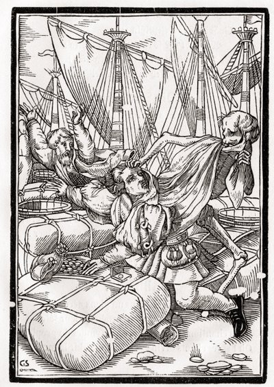 死亡来自商人，由Georg Scharffenberg雕刻，来自&39;Der Todten Tanz&39;，1843年出版巴塞尔 作者 小汉斯·霍尔拜因