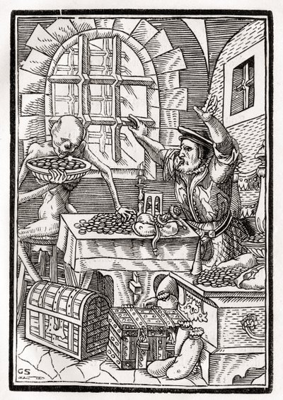 死亡来自Miser或Usurer，由Georg Scharffenberg雕刻，来自&39;Der Todten Tanz&39;，1843年出版巴塞尔 作者 小汉斯·霍尔拜因