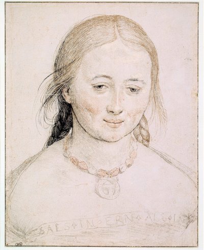 年轻女子的头部 16 世纪老汉斯·霍尔拜因（Hans Holbein）（1460-1524 年）在金属、钢笔和血液的尖端绘图。 0,19x0,15 m 巴黎，卢浮宫 作者 汉斯·霍尔拜恩
