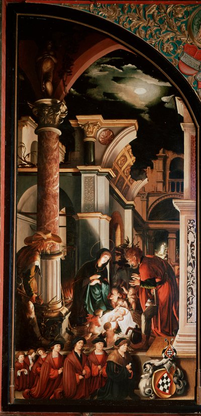 祭坛画 奥伯里德：“牧羊人的崇拜”” 年轻的汉斯·霍尔拜因 (1497/8-1543) 1521-1522 年在木头上的 Detrempe。 231x109 厘米瑞士弗里堡大教堂 作者 小汉斯·霍尔拜因