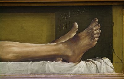 死者的身体基督，脚的细节和工作的签名和日期，1521年在石灰上的蛋彩画 作者 小汉斯·霍尔拜因