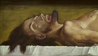 死者的身体基督，头部的细节，1521在石灰上的蛋彩画 作者 小汉斯·霍尔拜因